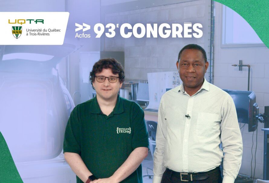 Jonathan Boisclair est stagiaire postdoctoral en génie mécanique, et il apparaît ici en compagnie de son directeur de recherche, le professeur Sousso Kelouwani, du Département de génie mécanique de l'UQTR. Ils posent ici côte à côte, dans un garage qui leur sert de laboratoire de recherche, avec un visuel aux couleurs de l'Acfas en surimpression.