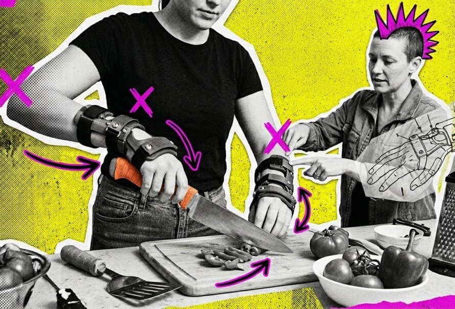 Healthpunk - Couverture Collage punk DIY représentant une scène d’ergothérapie détournée : une personne utilise des attelles de main imprimées en 3D, visibles avec sangles et articulations modulaires, pour préparer des aliments dans une cuisine. Les gestes et les mains adaptées sont au centre de l’image, manipulant des outils de cuisine familiers légèrement modifiés (poignées épaissies, angles ergonomiques). Un·e thérapeute se tient à côté, interagissant avec l’espace de travail et un schéma technique esquissé. Les personnages apparaissent comme des découpes photo réalistes aux bords de papier déchiré. Fond jaune vif texturé avec grain noir, superpositions magenta, éléments graphiques punk (flèches dessinées à la main, marques X, coiffure mohawk griffonnée). Style brut, contrasté, inspiré des fanzines, évoquant l’autonomie et l’adaptation au quotidien.