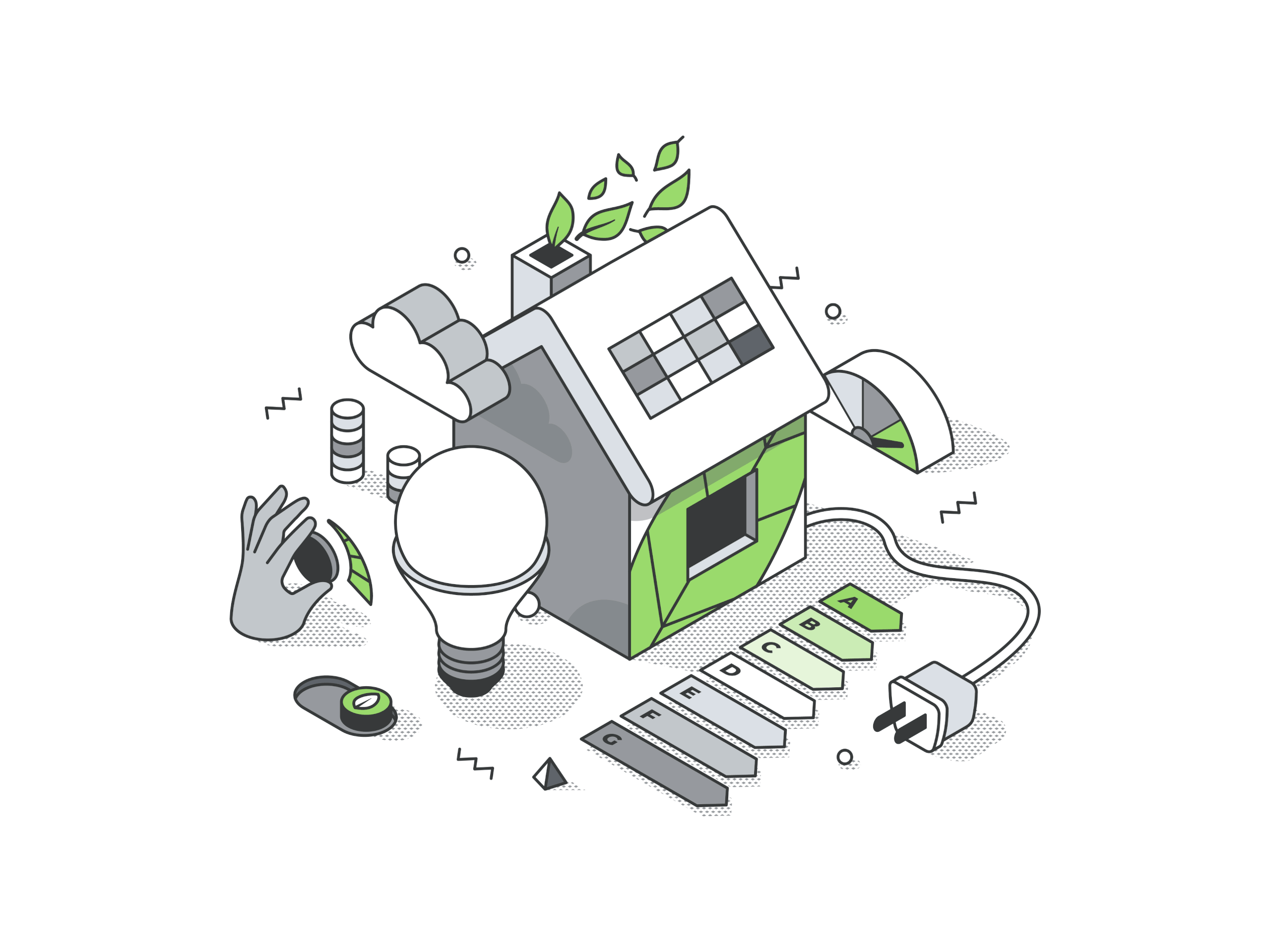 Concept isométrique d’une maison écoénergétique équipée de panneaux solaires, entourée de symboles de technologies intelligentes, d’un système de certification et d’un environnement verdoyant.