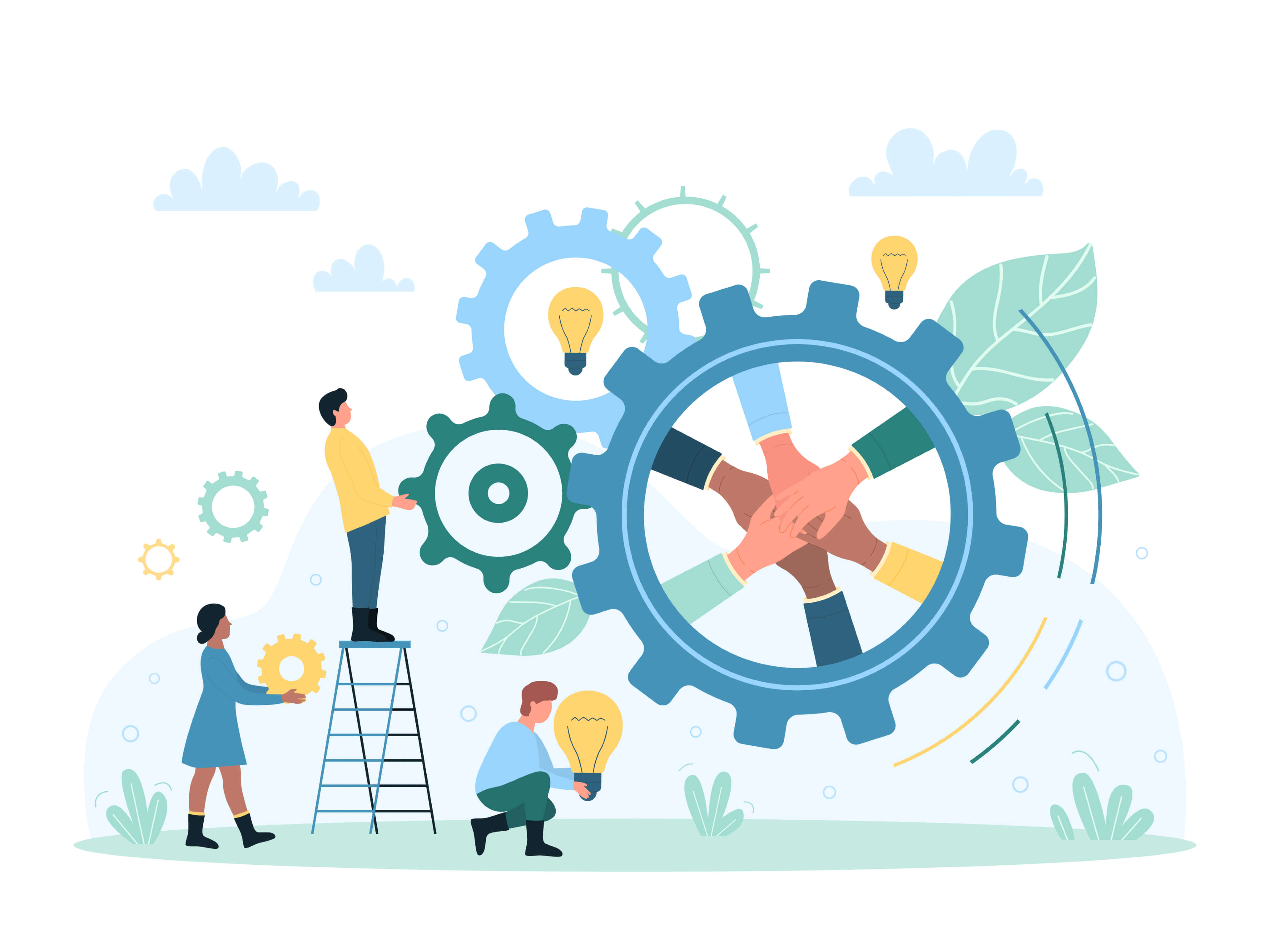 Concept illustrant le travail d’équipe et la collaboration : de petits personnages de style cartoon travaillent ensemble autour d’engrenages et tiennent des ampoules, symboles d’idées, de coopération et de développement organisationnel.