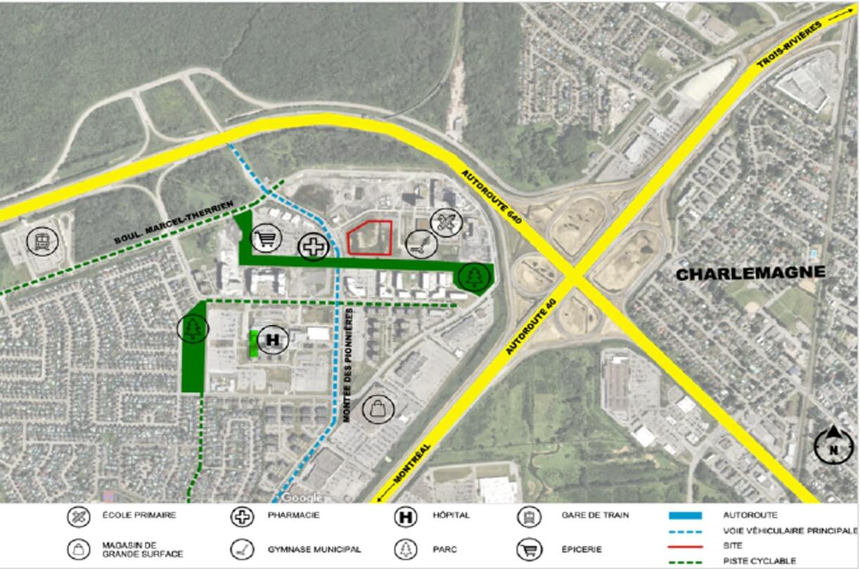 Carte indiquant l'emplacement du futur Quartier universitaire de Terrebonne, aux abords des autoroutes 40 et 640.
