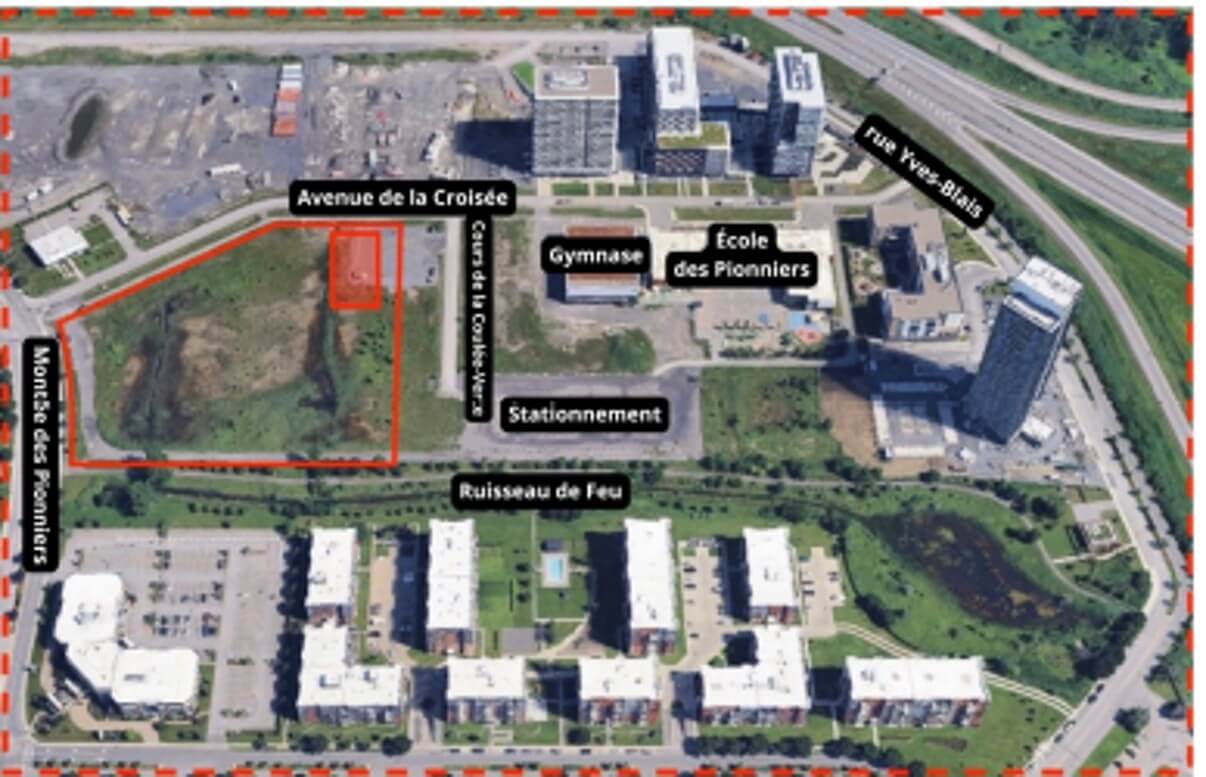 Carte indiquant l'emplacement du futur Quartier universitaire de Terrebonne, sur le site actuellement en chantier.