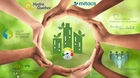 Montage photographique montrant un concept circulaire qui utilise les mains pour représenter la collaboration, avec des éléments évoquant l'économie d'énergie, avec le logo des partenaires, et un fond vert évoquant l'aspect durable du projet.